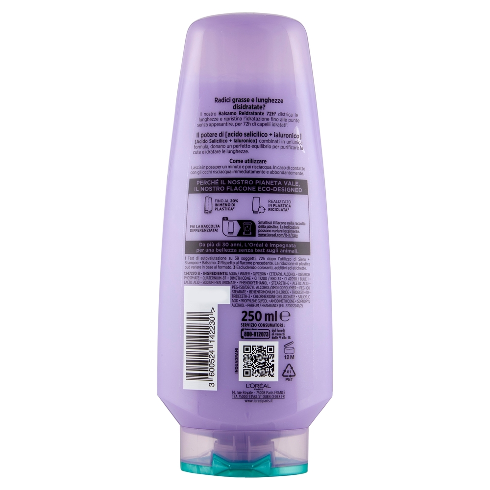 Elvive Hyaluronic Pure 72H Balsamo Reidratante, per Cute e Radici Grasse, 250 ml